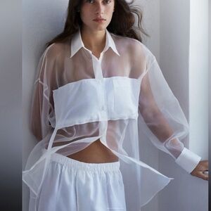 OVERSIZE POPLIN ORGANZA SHIRT- white/Large